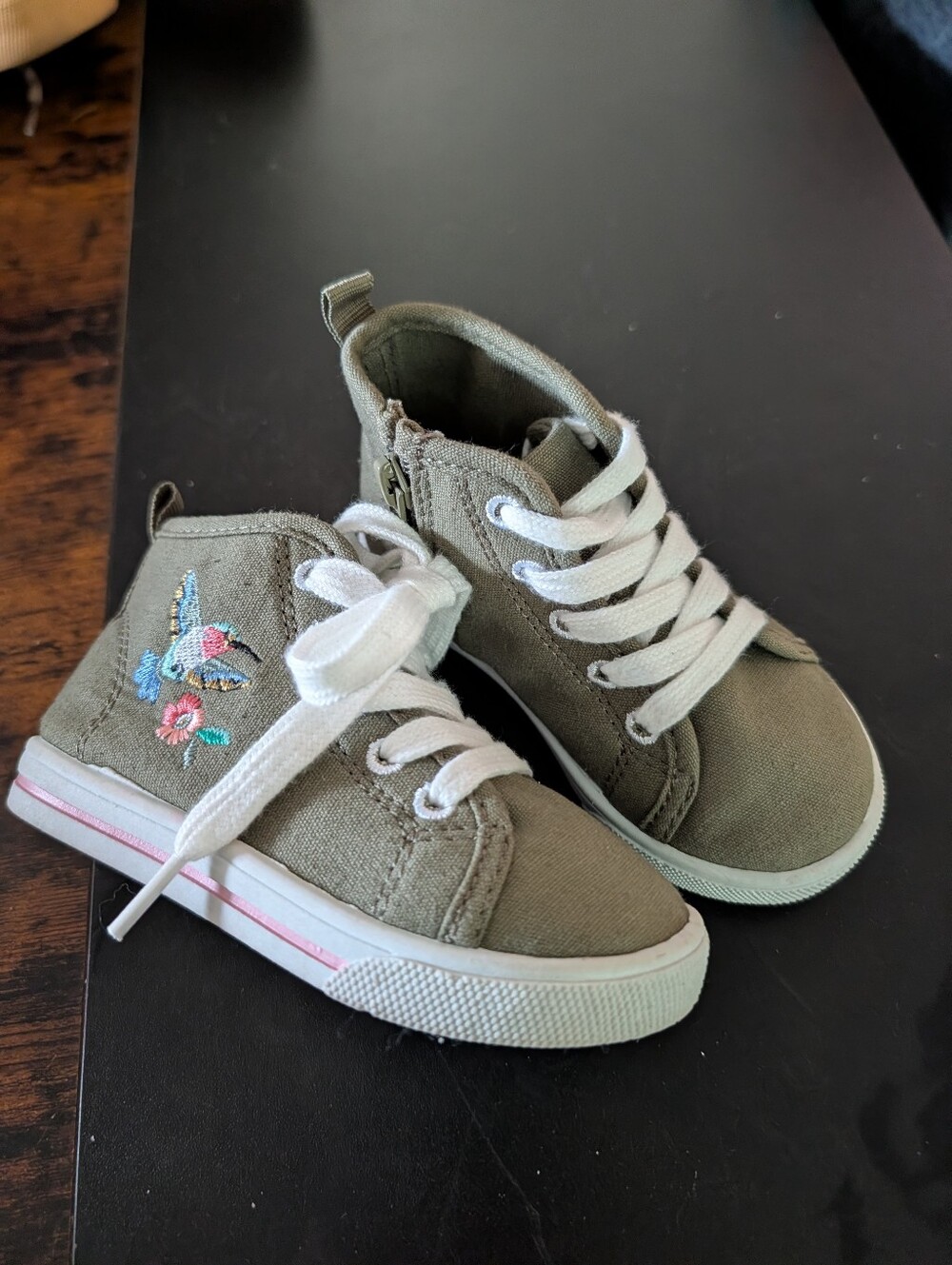 Carters Girl Olive Green High-Top Sneakers with Embroidered Bird